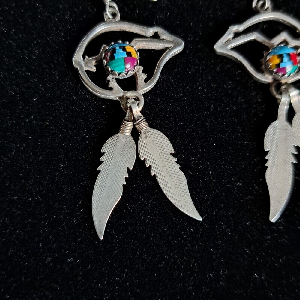 Vintage Southwestern Sterling Silver 925 Navajo Feather Colored Mosaic Earrings - Picture 4 of 9